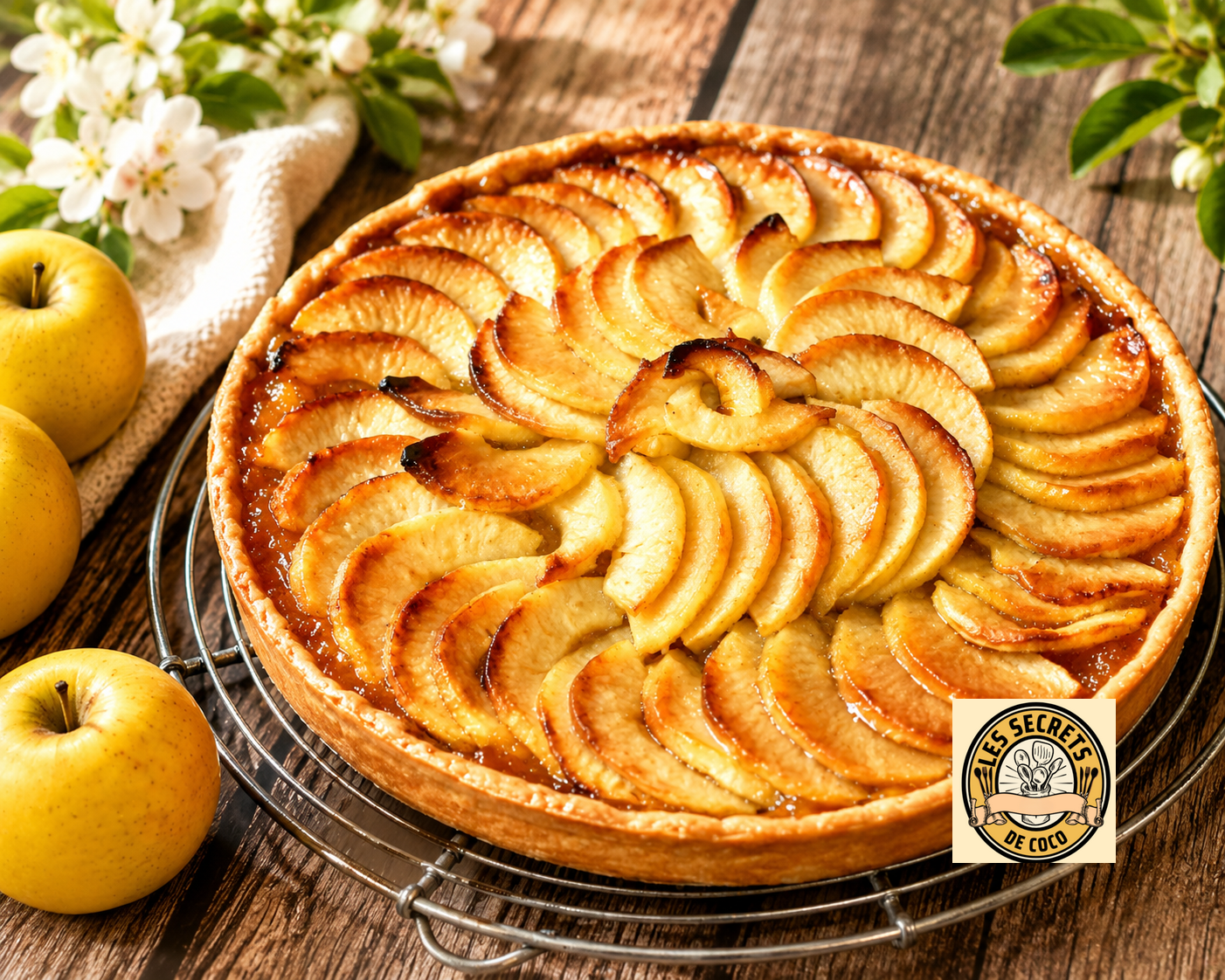 Tarte aux pommes tranchées en spirale, sur grille, avec pommes jaunes et fleurs blanches, sur table en bois.