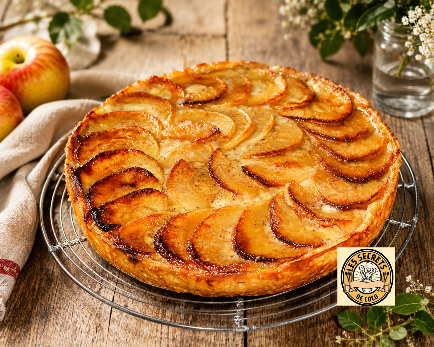 Tarte aux pommes dorée, tranches disposées en rosace, sur grille métallique, pommes et feuilles en arrière-plan.