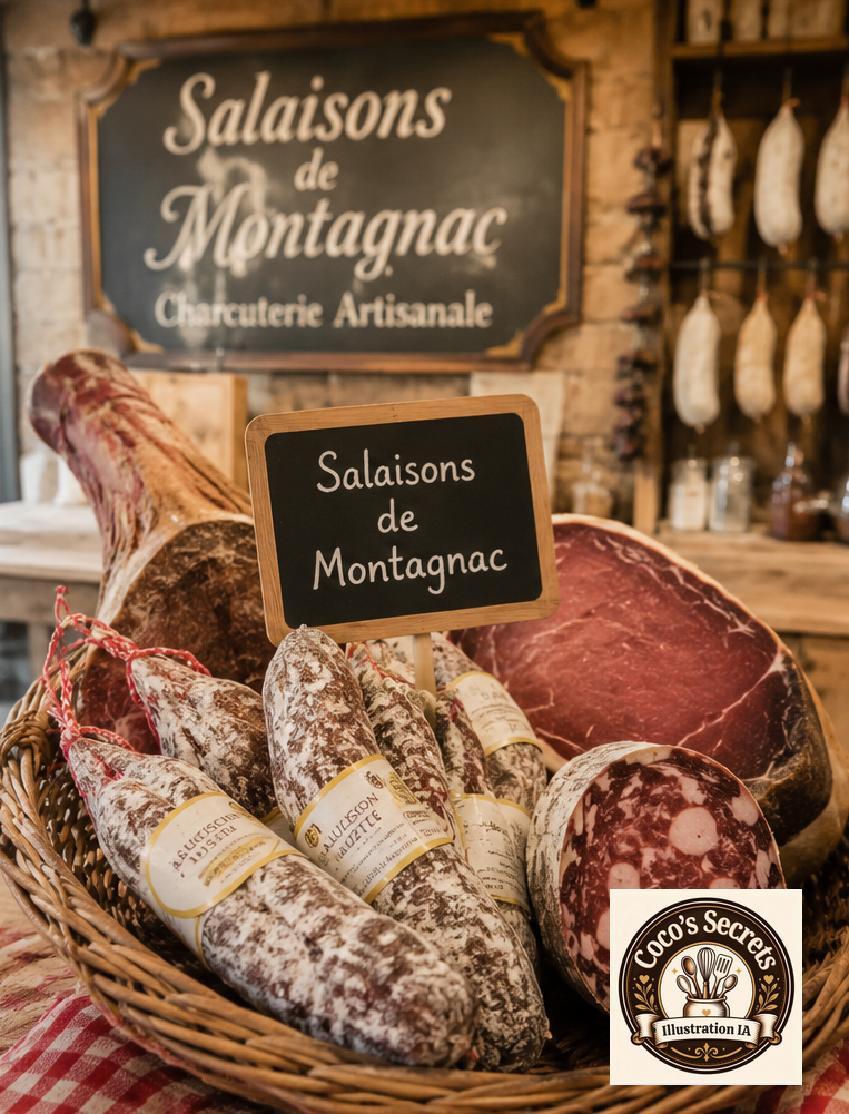 Panier de charcuteries artisanales avec pancartes « Saloisons de Montagnac » et jambon en arrière-plan.
