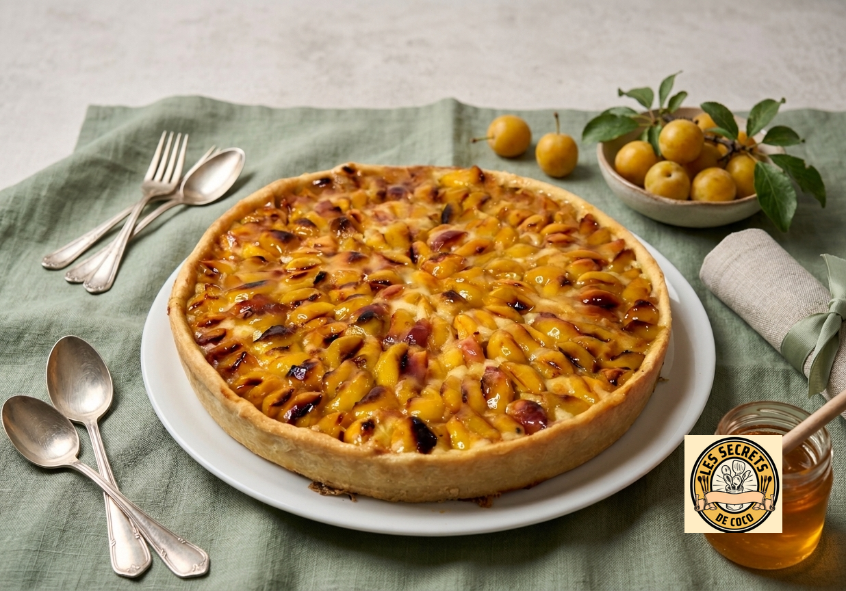 Tarte salée aux oignons et fromage, sur assiette, avec olives, couverts et bol de fruits jaunes.