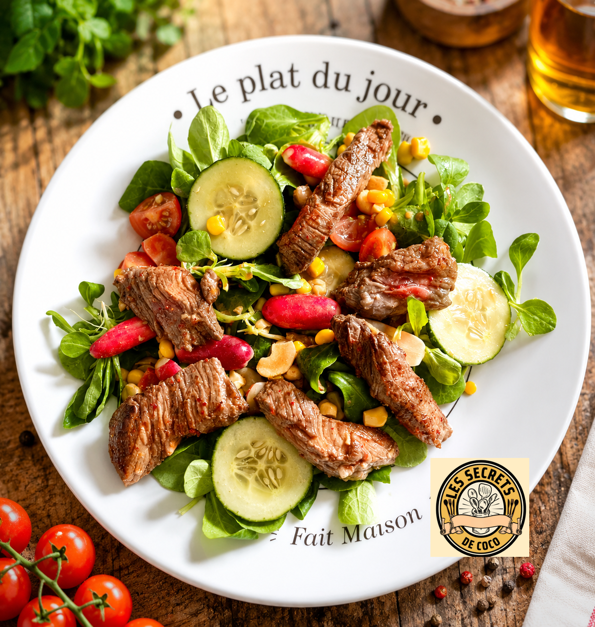 Assiette de salade verte avec concombre, tomates cerises, maïs et morceaux de viande de boeuf , sur table rustique.