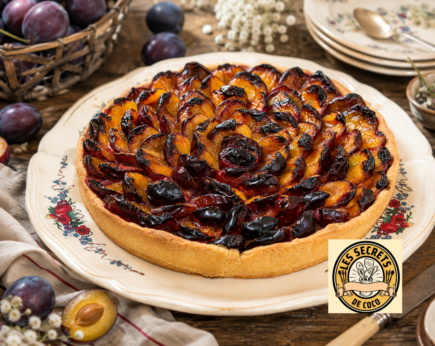 Tarte aux prunes quetsches garnie de fruits brillants sur assiette décorée, entourée de prunes et vaisselle rustique.