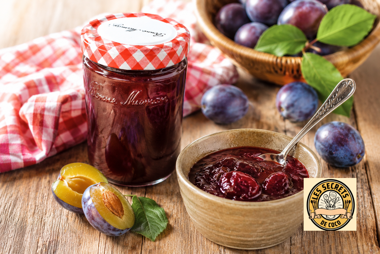 Bocal de confiture de prunes, bol rempli, cuillère, prunes fraîches et feuilles sur table en bois.