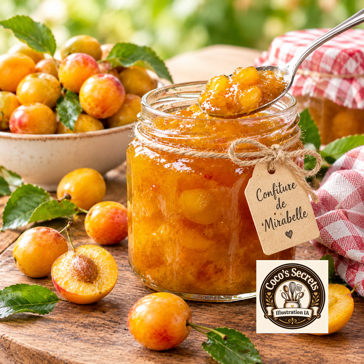 Pot de confiture de mirabelle dorée, cuillère en métal, prunes et feuilles sur fond champêtre.
