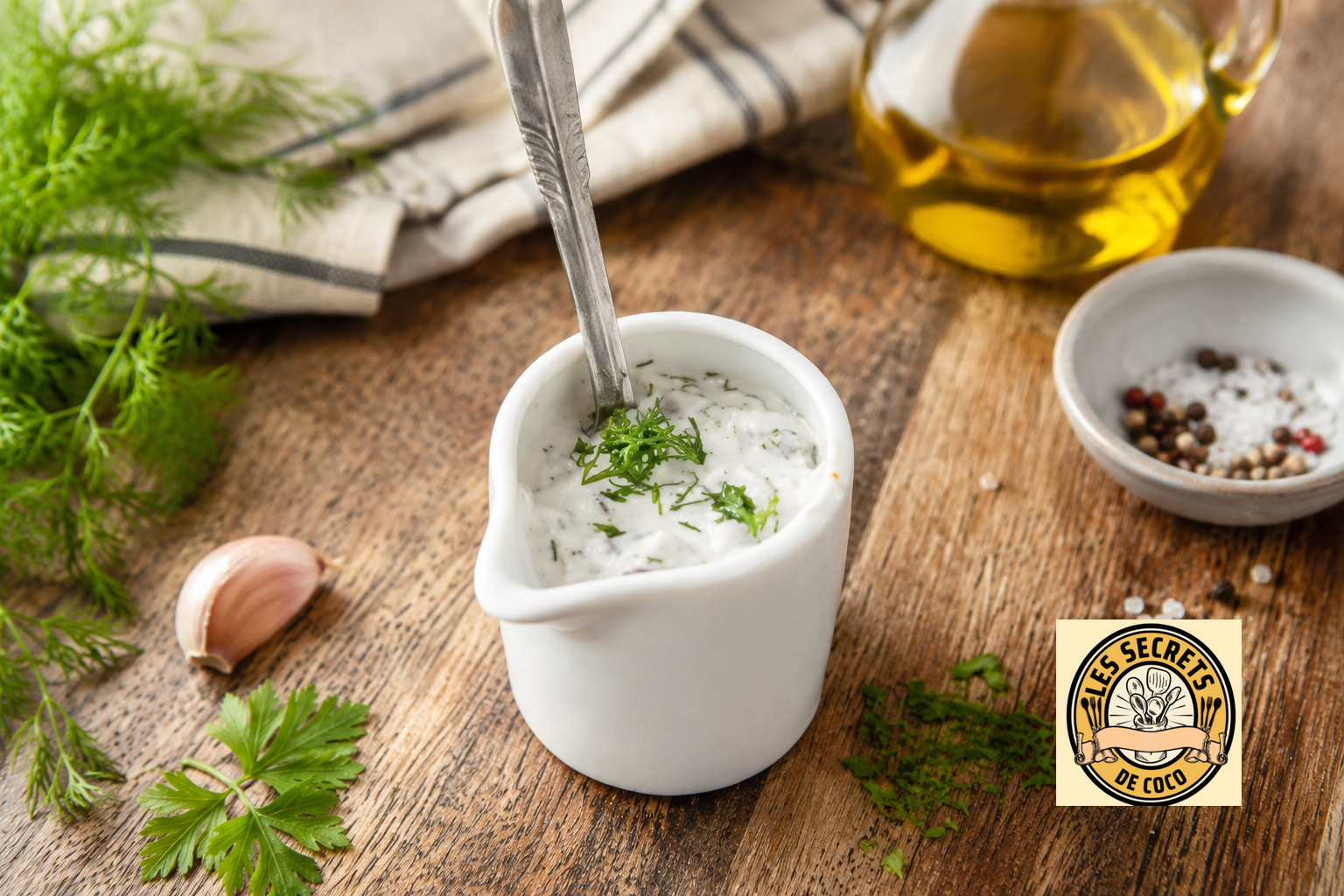 Sauce blanche au yaourt et aux herbes dans un petit pot, cuillère levée, huile d’olive et épices à côté.