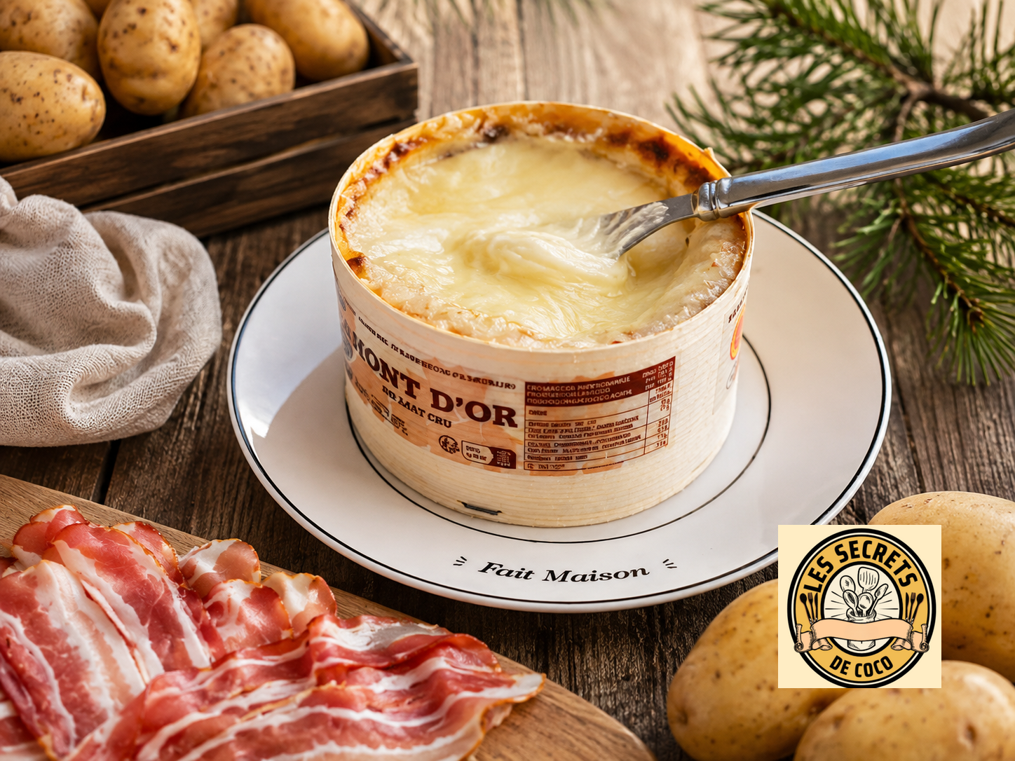 Fromage Mont d’Or fondu dans une boîte en bois, servi avec une cuillère, pommes de terre et lard.