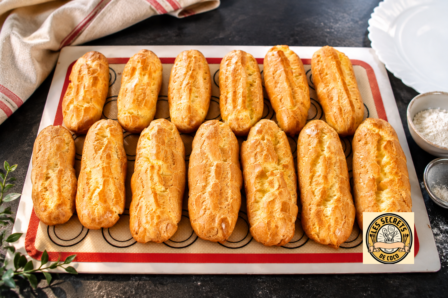 Pains allongés dorés sur plaque de cuisson, pâte feuilletée striée, logo “Secrets de Coco” en bas. eclair cuit restant à garnir