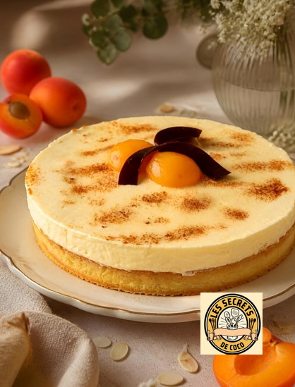 Tarte chibourst abricot doré avec abricot, noyau noir, sur assiette, entouré d’abricots et d’amandes.