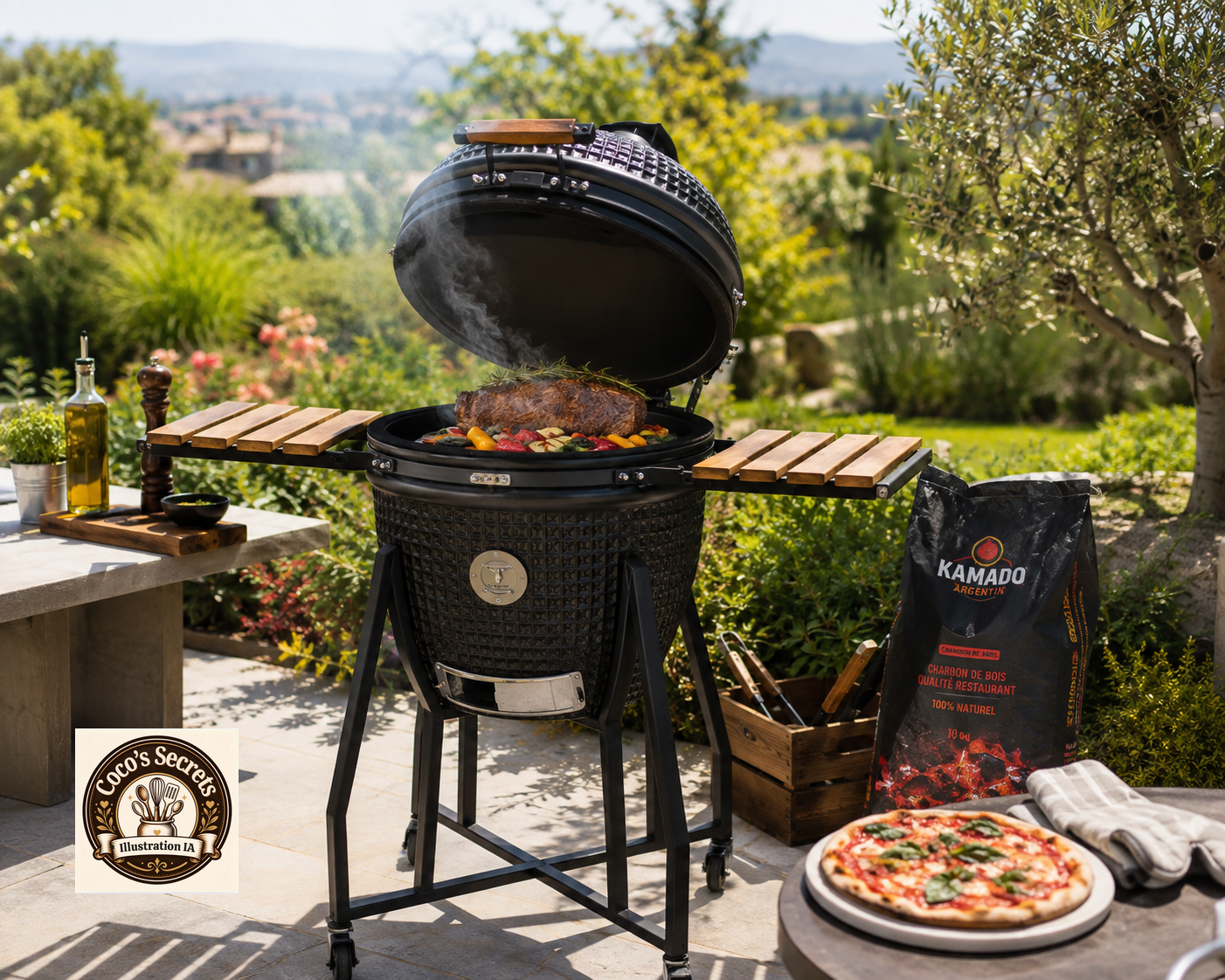 Barbecue Kamado Forest 22 noir avec pierre à pizza, chariot et accessoires, vue de face sur fond clair.