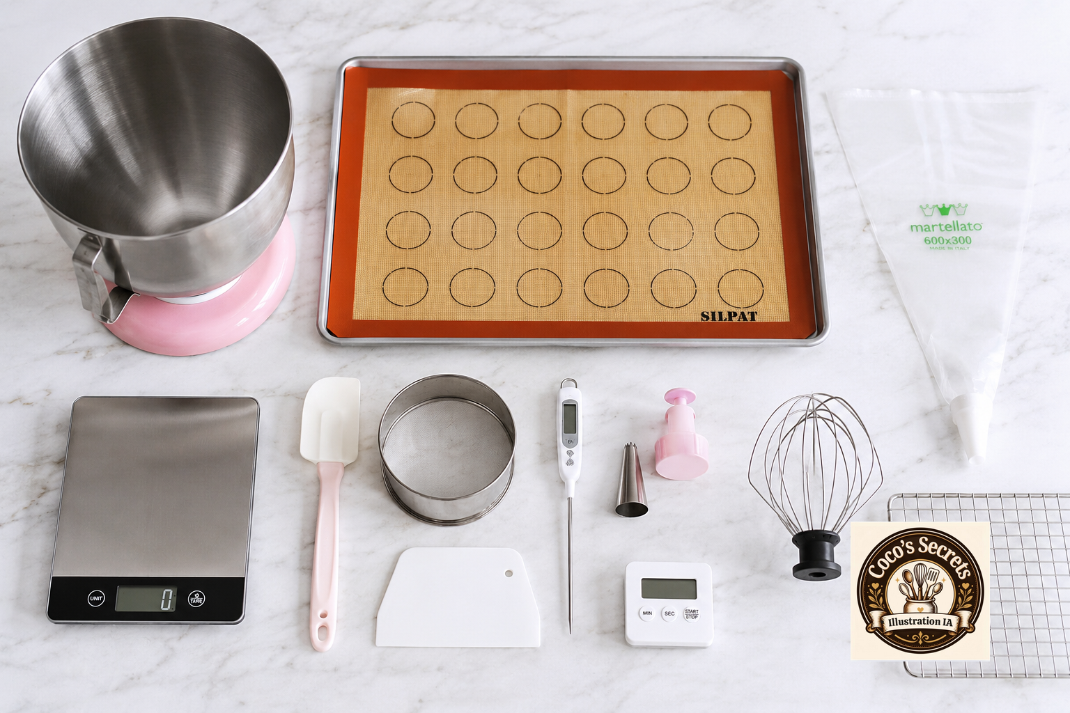 Plaque de cuisson Silpat orange avec cercles, ustensiles de pâtisserie roses et inox sur marbre blanc.