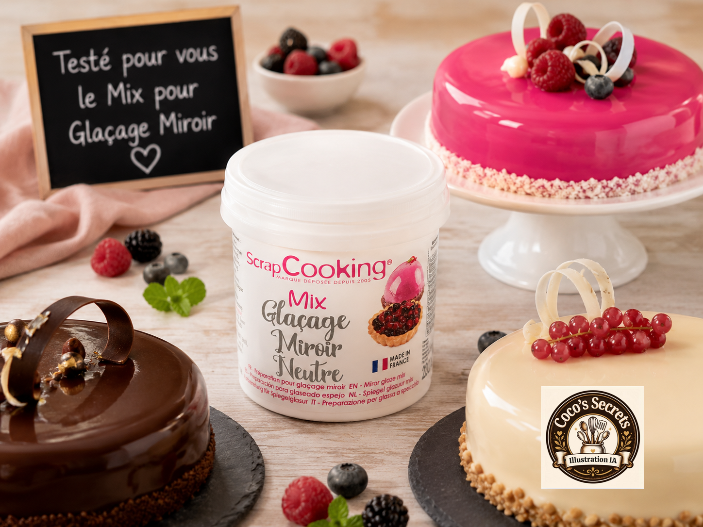 Pot de préparation ScrapCooking, gâteaux glacés roses et chocolat, fruits rouges, tableau noir en arrière-plan.