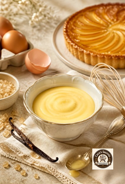 Crème anglaise vanille dans un bol, tarte aux pommes dorée, œufs et ingrédients sur fond beige.