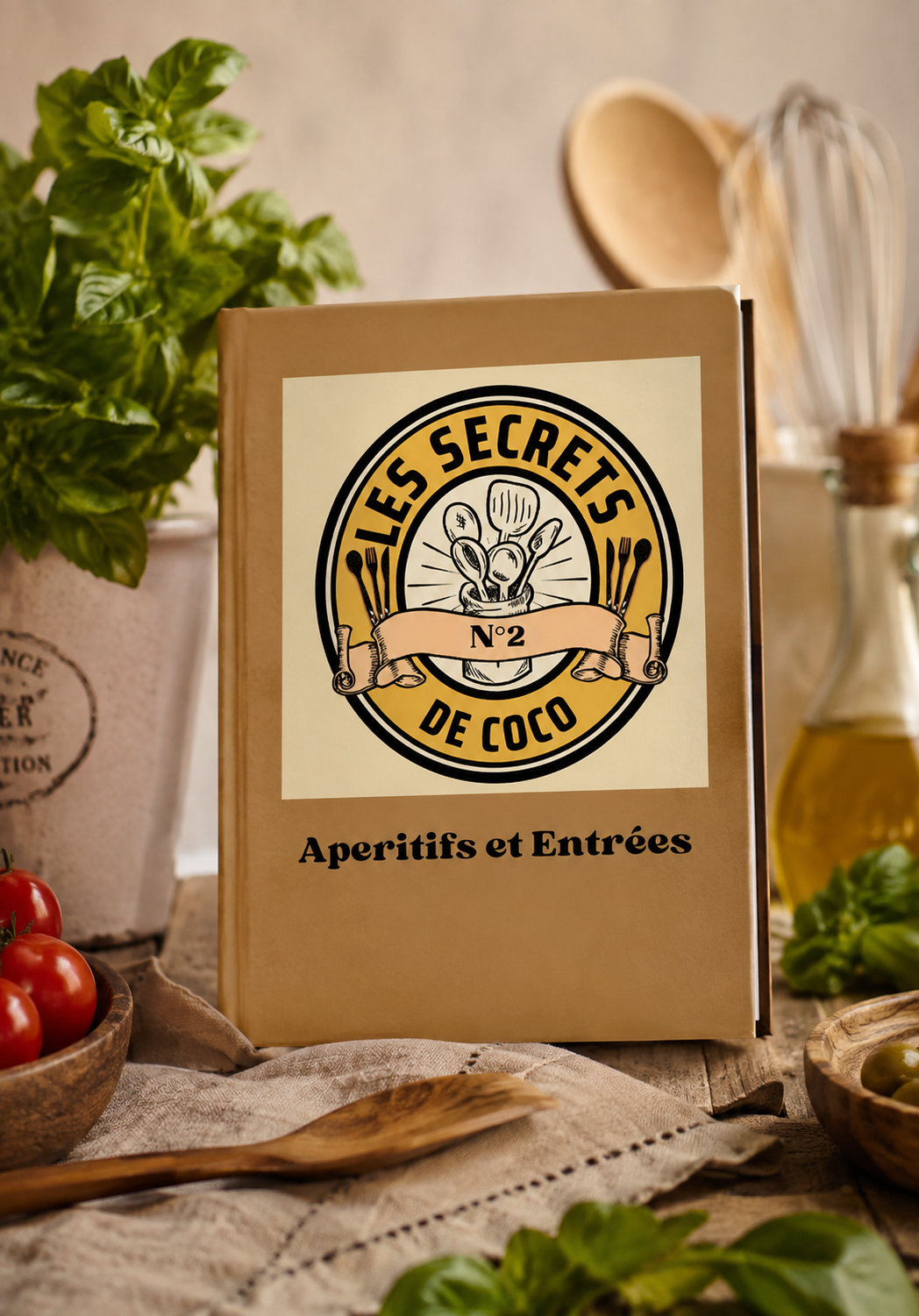 Boîte kraft posée sur une table, logo “Les Secrets de Coco” et texte “Apéritifs et Entrées”.