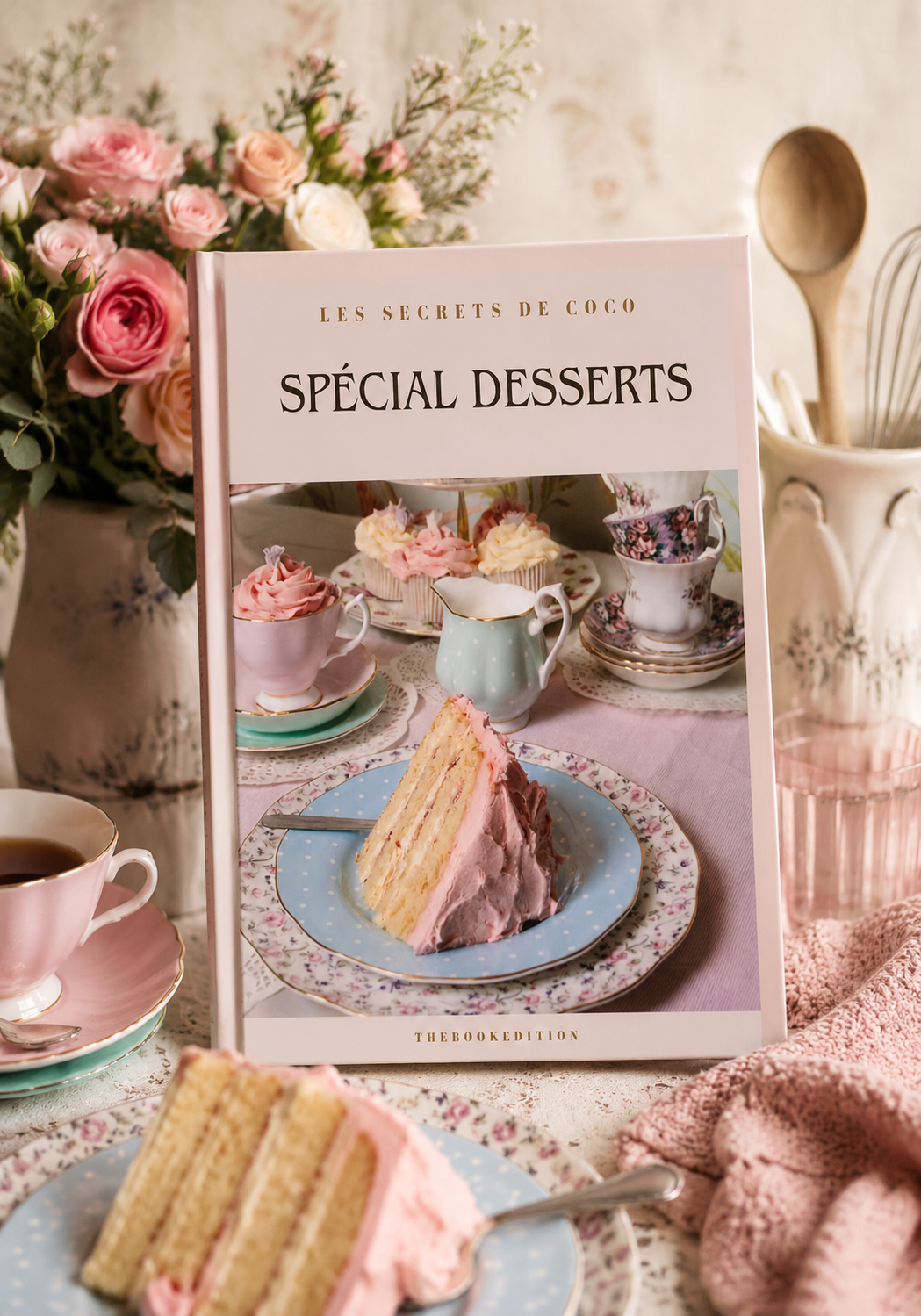 Livre de cuisine “Spécial Desserts” posé sur une table, entouré de roses et tasses vintage.