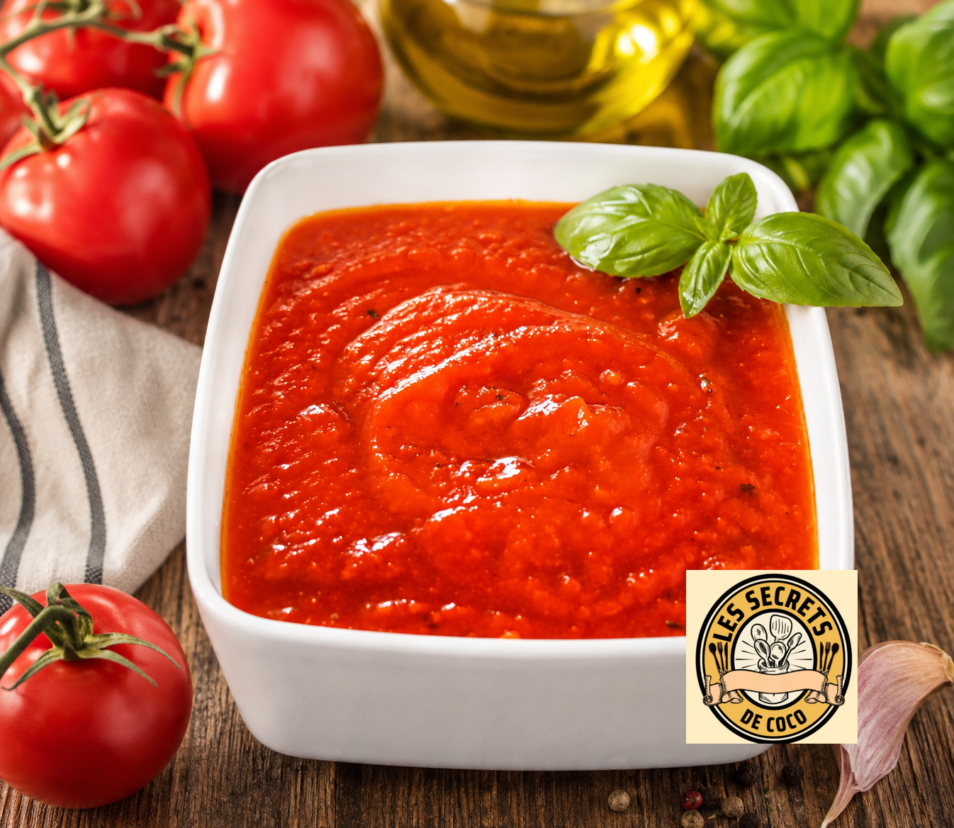 Bol blanc de sauce tomate rouge, basilic frais, tomates et ail sur table en bois rustique.