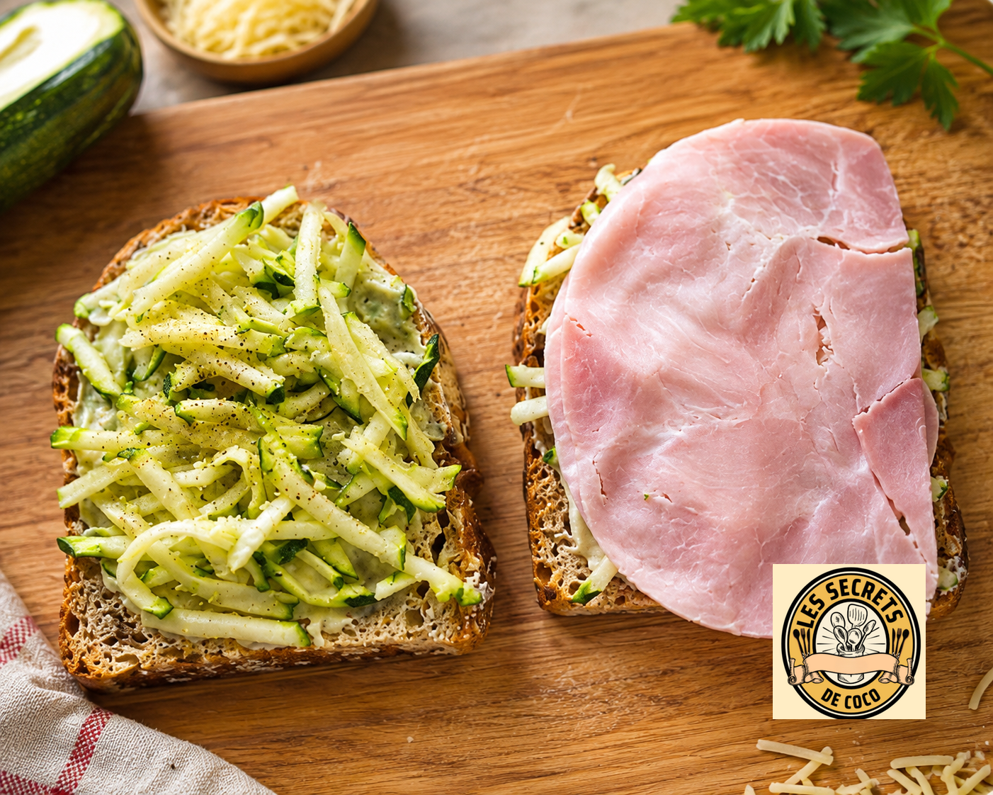 Deux tartines de pain grillé garnies de courgettes râpées et d’une tranche de jambon, sur planche en bois.