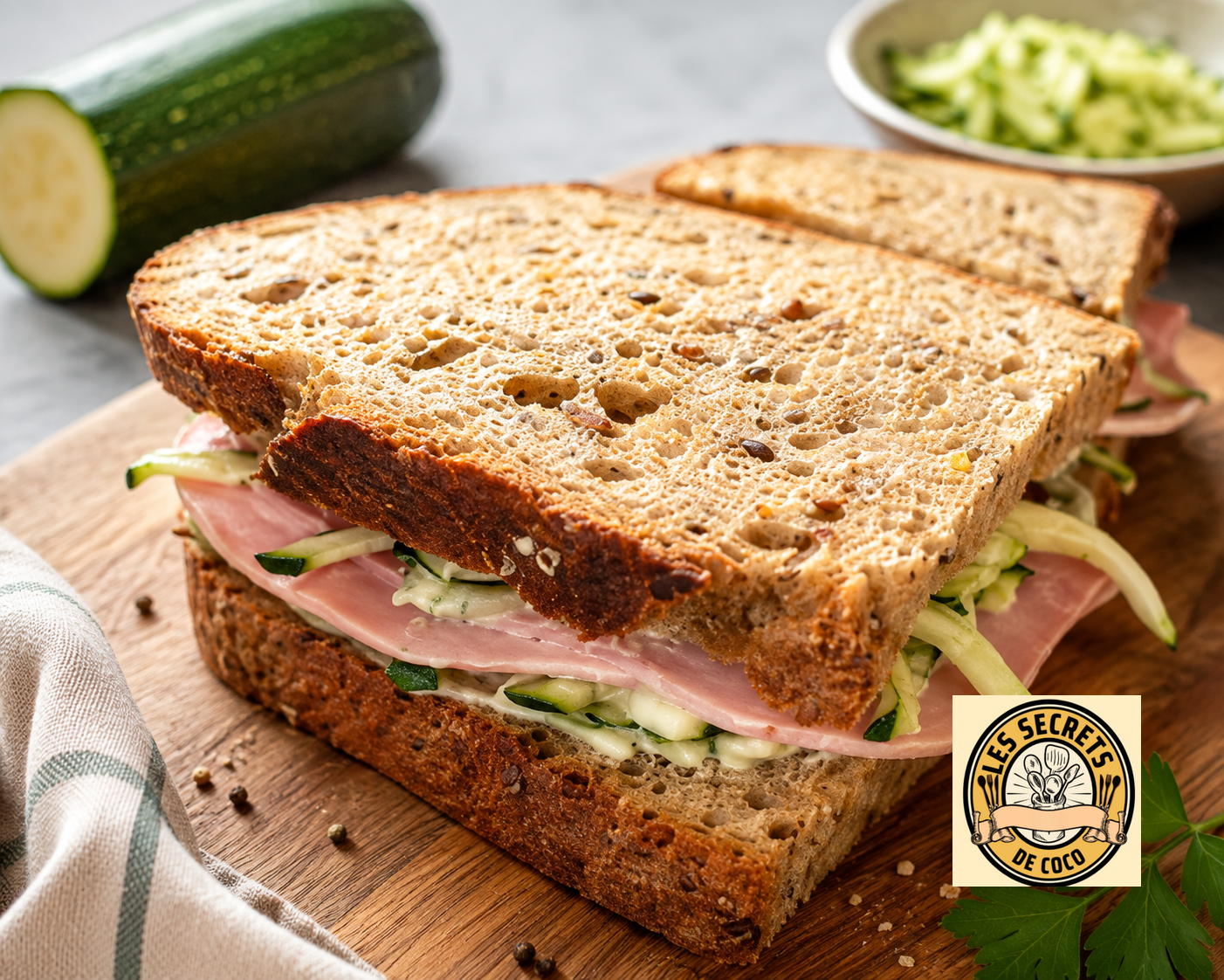 Sandwich au pain complet grillé, jambon et légumes, sur planche en bois, avec concombre et salade en arrière-plan.