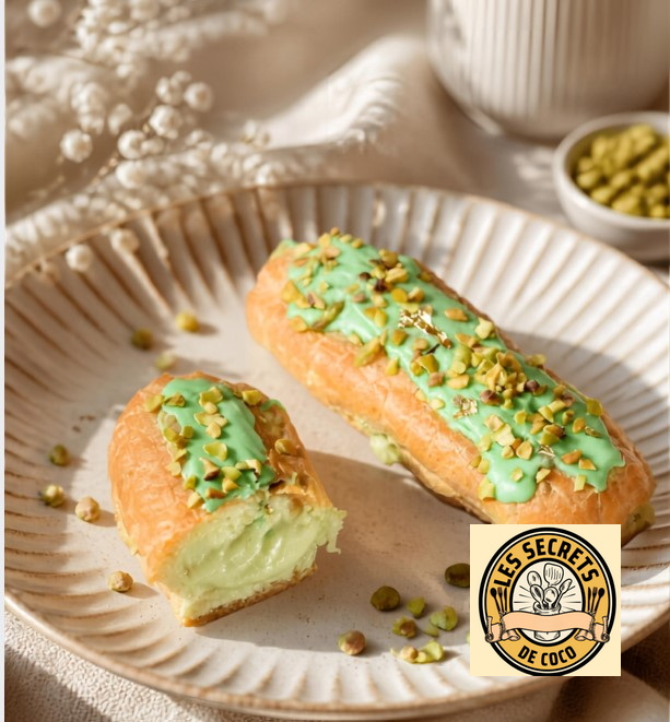Deux éclairs fourrés à la crème, glaçage vert, éclats de pistache sur assiette blanche, logo au premier plan.