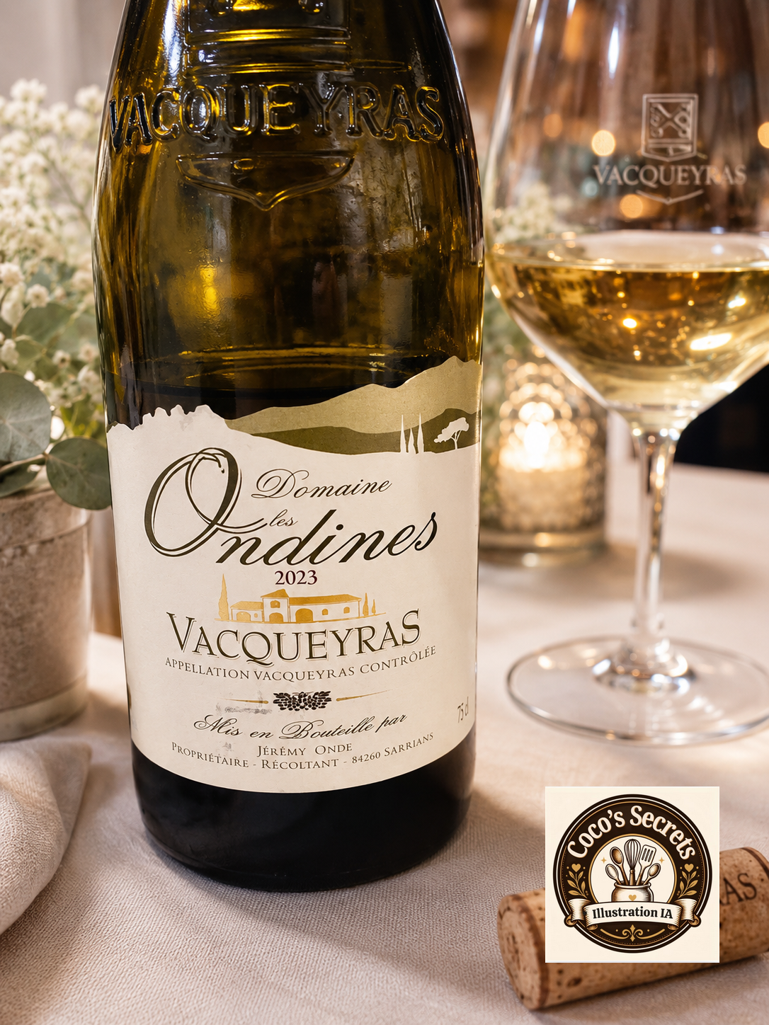 Bouteille de vin Vacqueyras 2023 Domaine Les Ondines, verre doré et décor de dégustation en arrière-plan.