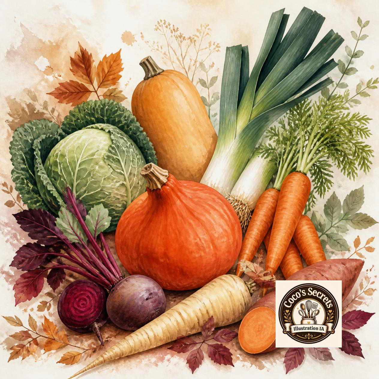Légumes d’automne disposés : citrouille, poireau, carottes, betteraves, choux, sur fond beige décoré de feuilles.