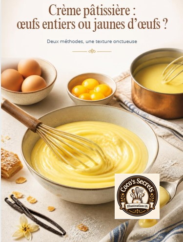 Bol de crème pâtissière, fouet, viennoiseries à la cannelle et pâtisserie au chocolat sur planche blanche.