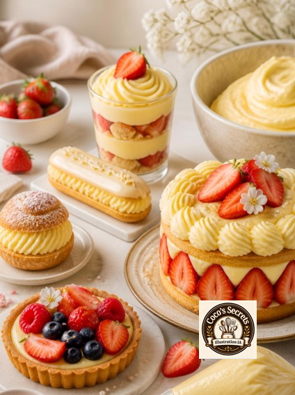 Pâtisseries à la crème et fraises, tartelettes et éclairs sur table, décorations florales et sucre glace.