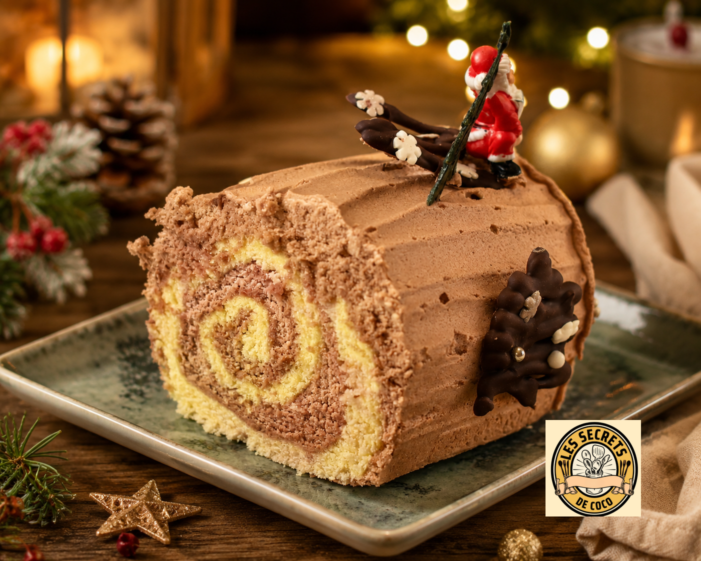 Gâteau roulé bûche au chocolat, glaçage brun, décorations de Noël sur plateau, ambiance lumineuse et chaleureuse.