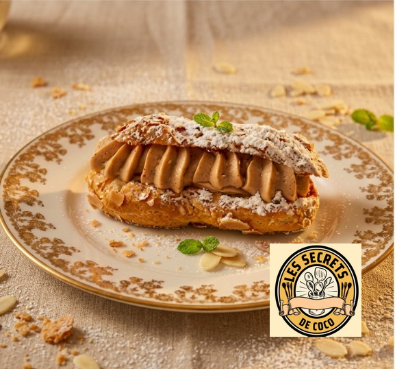 Éclair au chocolat garni de crème, saupoudré de sucre glace, sur assiette décorée, menthe et logo.