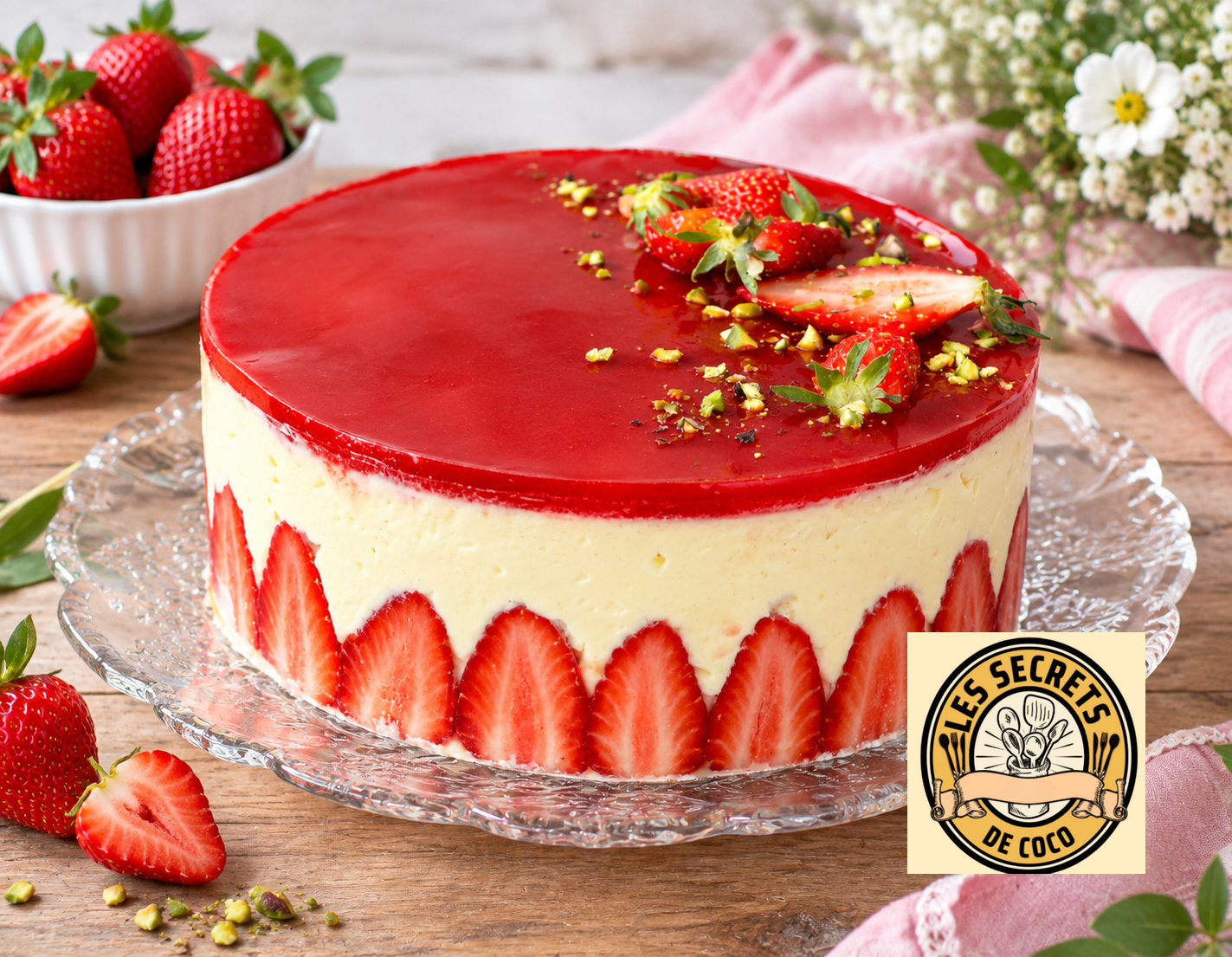 Gâteau aux fraises rouge et crème, décoré de pistaches, sur plat en verre, entouré de fraises fraîches.