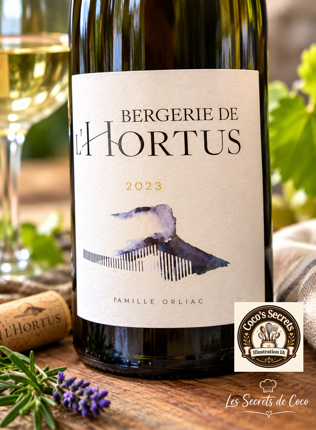 Bouteille de vin sombre avec étiquette blanche « L’Hortus », millésime 2023, décor lavande et verdure.
