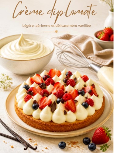 Gâteau aux fraises et myrtilles, crème vanillée en rosace, sur assiette beige, avec ingrédients et fouet.