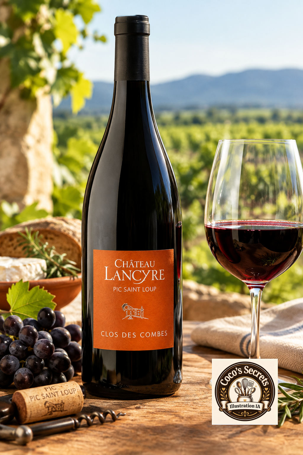 Bouteille de vin noir et verre rempli, sur table en bois, vignoble et montagnes en arrière-plan.