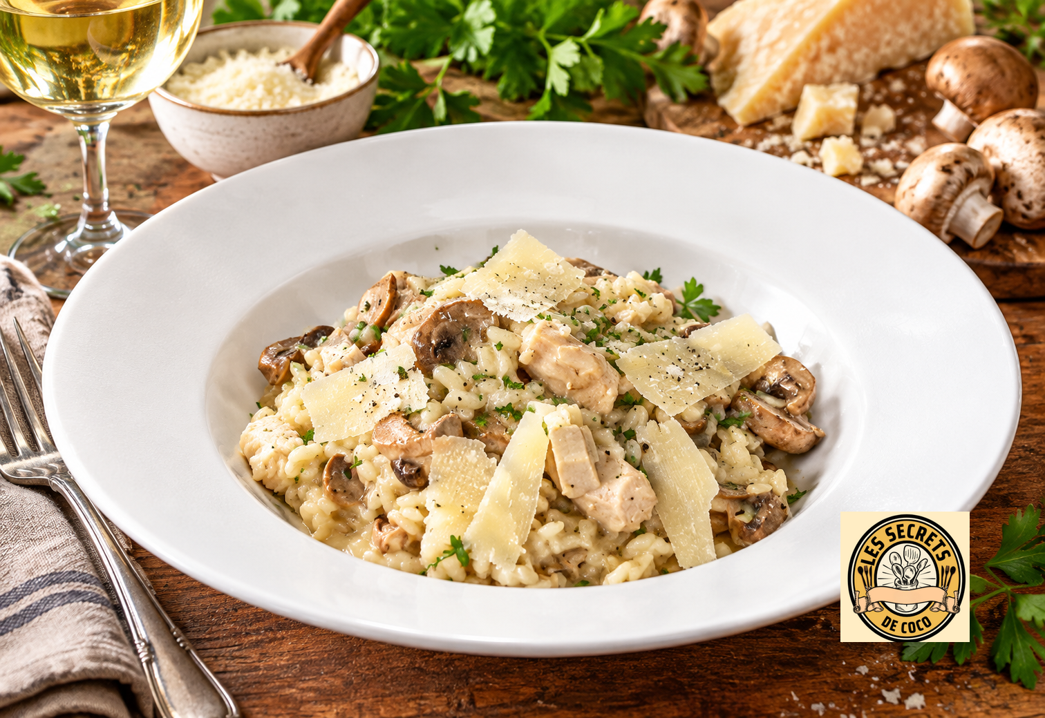 Assiette de risotto aux champignons et poulet, copeaux de parmesan, herbes fraîches, vin blanc et ingrédients.