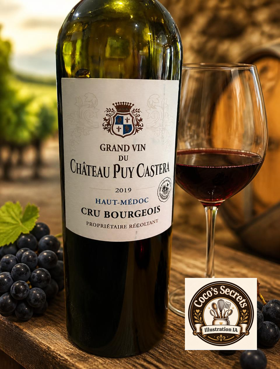 Bouteille de vin étiquetée « Grand Vin du Château Puy Castera », millésime 2019, en salle de dégustation.