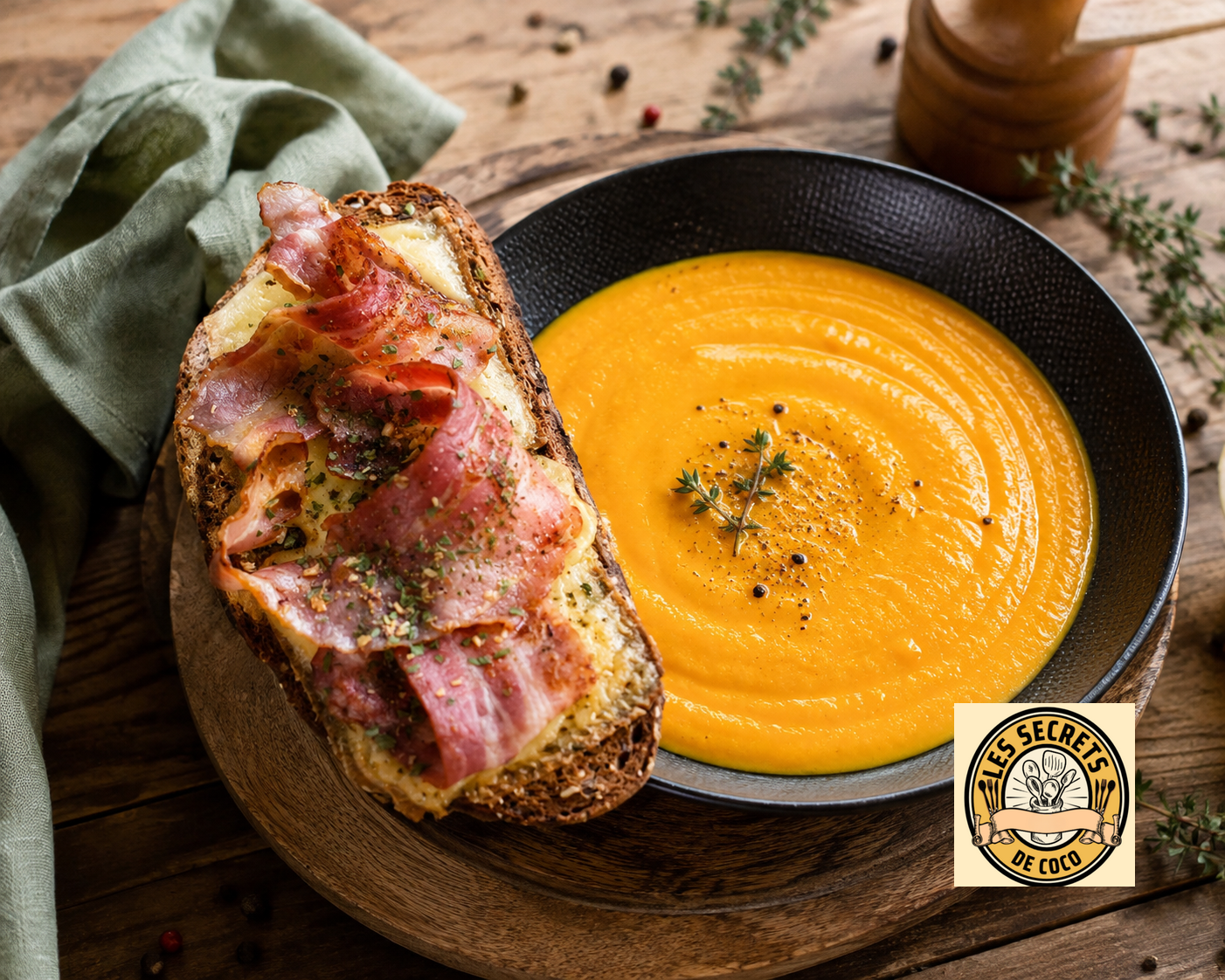 Tranche de pain au jambon et fromage, servie avec une soupe de potiron onctueuse dans une assiette.