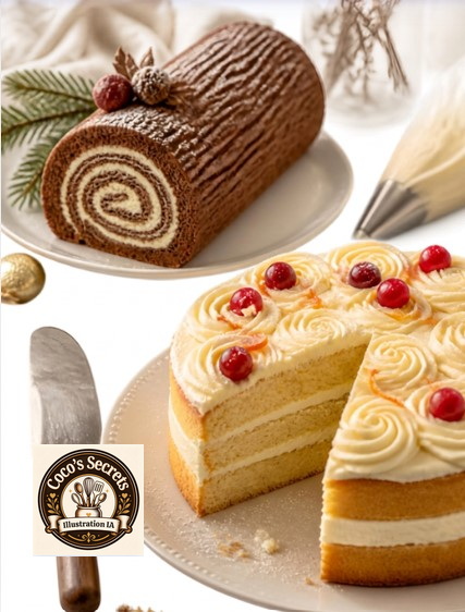 Tranches de gâteau roulé à la crème et gâteau aux fruits rouges, sur assiettes, décor de pâtisserie.
