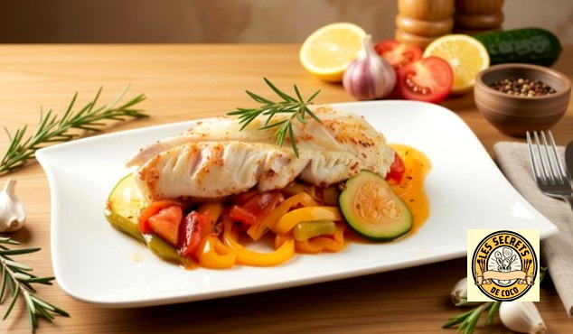 Filet de poisson rôti sur assiette blanche, légumes colorés, citron, herbes fraîches et épices en arrière-plan.