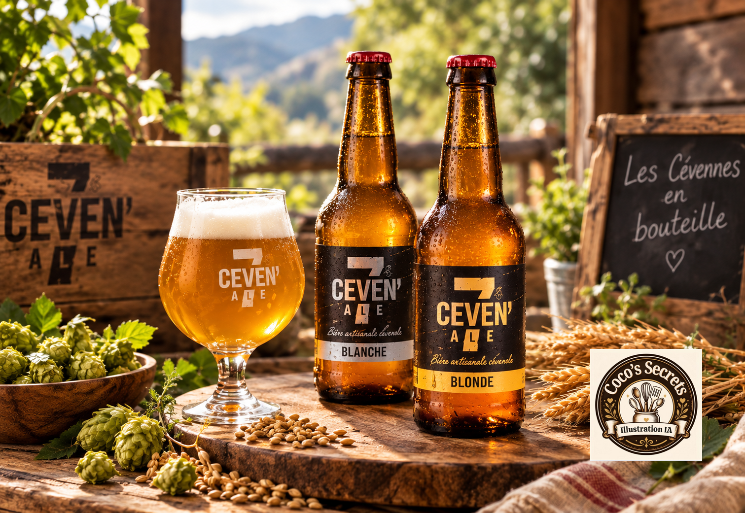 Deux bouteilles de bière dorée, un verre de bière ambrée et un petit poussin près de bûches.