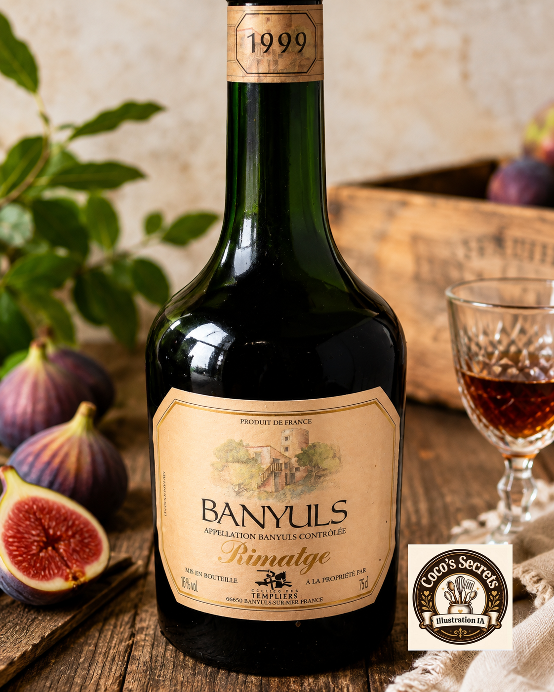 Bouteille de vin Banyuls 1999 sur une table en bois, avec figues et verre de dégustation.