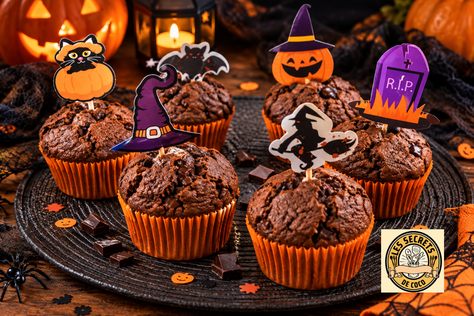 Plateau de cupcakes au chocolat d’Halloween avec décorations chat, citrouille, chauve-souris et bougies, ambiance effrayante.