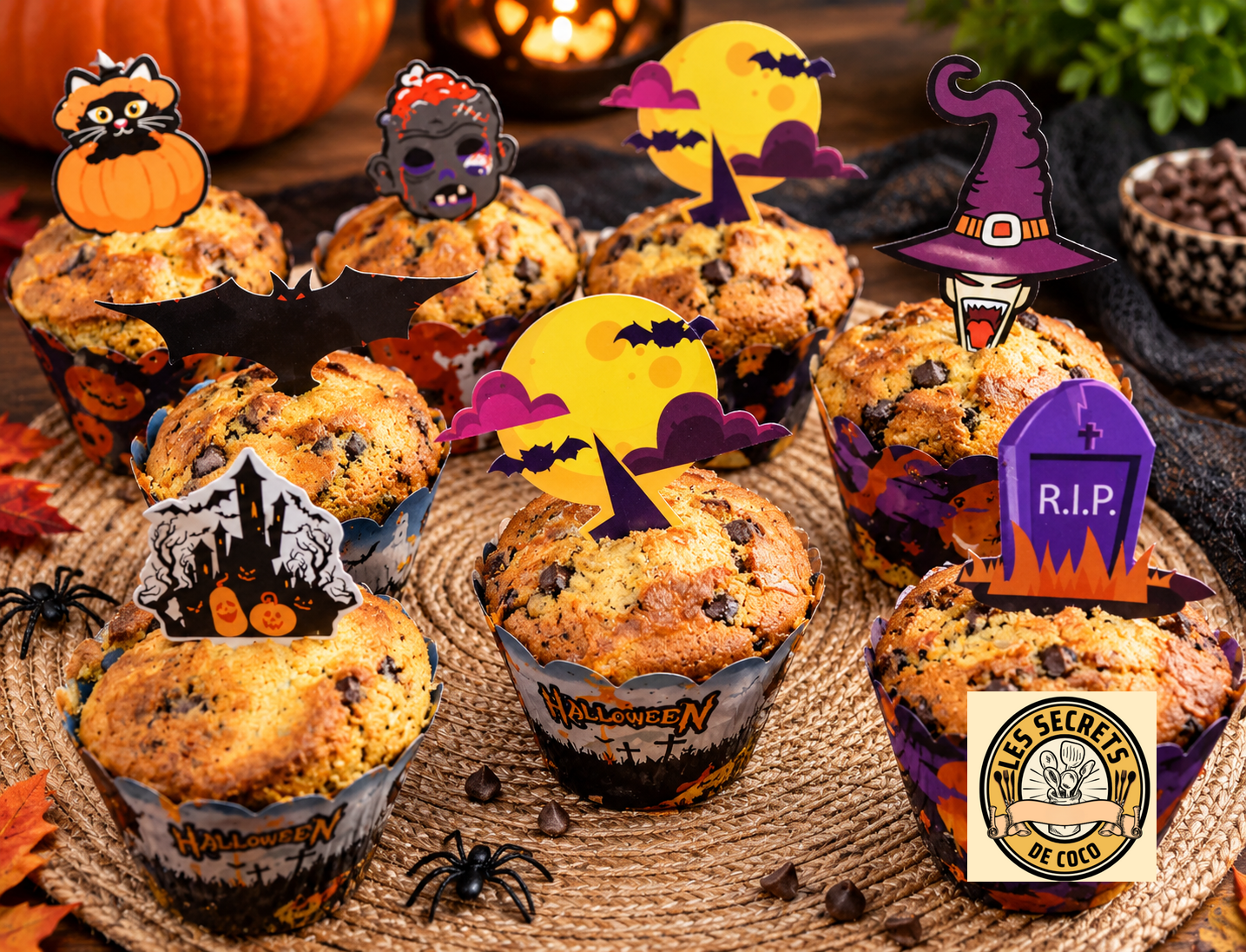 Muffins d’Halloween sur un plateau en jute, décorations chauves-souris, citrouilles et cercueil R.I.P. en carton.