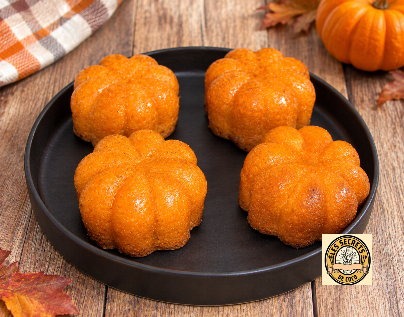Quatre beignets orange en forme de cœur sur un plateau noir, avec une citrouille et feuilles d’automne.