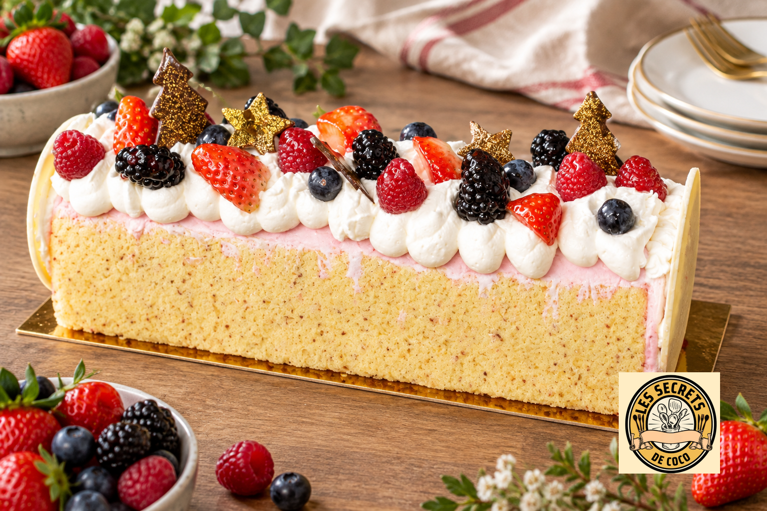 Gâteau rectangulaire (bûche bavaroise à la fraise) décoré de fraises, myrtilles, mûres et biscuits dorés, sur fond bleu.