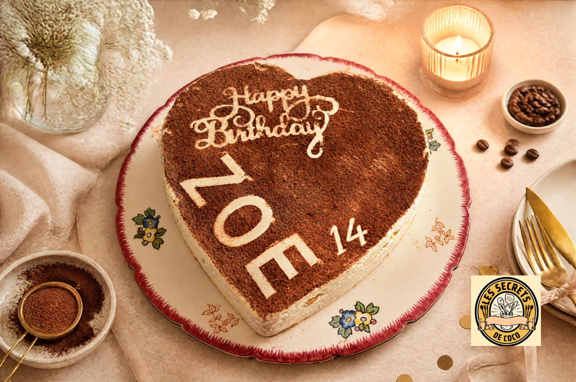 Gâteau au chocolat en forme de cœur, bavarois tiramisu décoré d’écriture et chiffres, sur assiette rouge, bougie allumée.