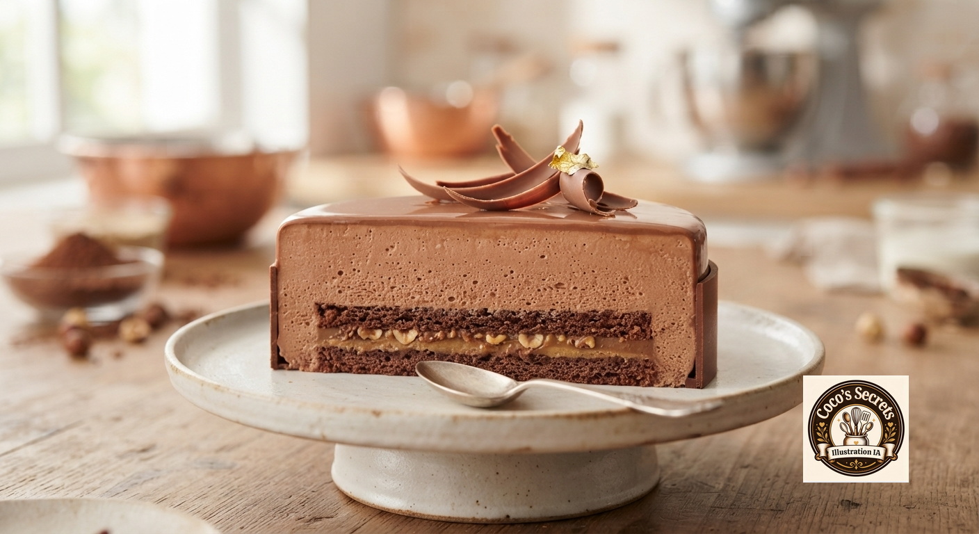Gâteau au chocolat glacé sur plateau blanc, décor chocolaté et éclats dorés, fond cuisine flou.