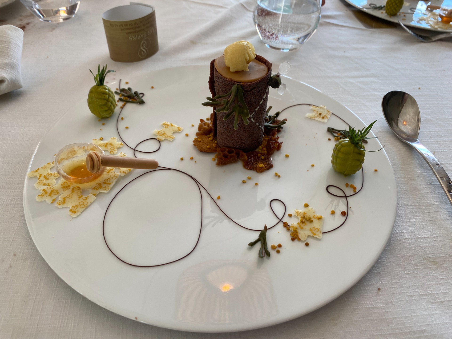 Assiette de dessert gastronomique avec cylindre chocolat, herbes, ananas en forme, sauce et décorations florales.