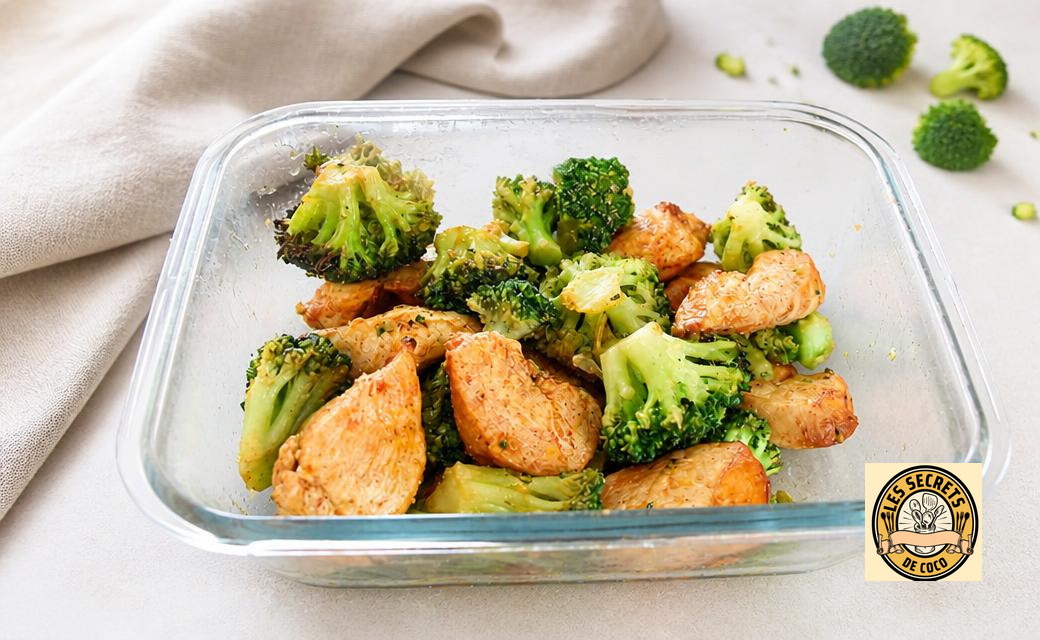 Plat en verre rempli de brocoli et de morceaux de poulet grillés, assaisonnés d’herbes, sur table en bois.