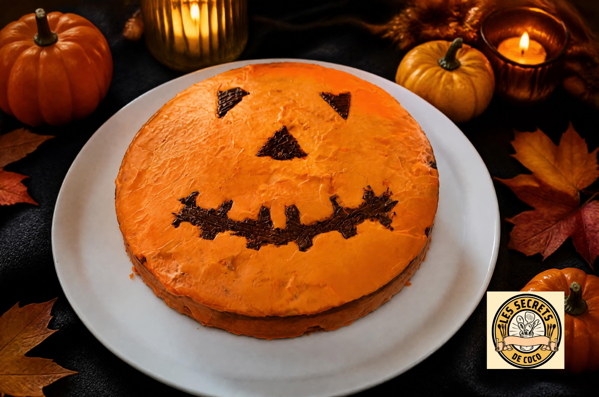 Gâteau orange sur assiette blanche, décor chocolat en forme de citrouille, bougies et feuilles d’automne autour.