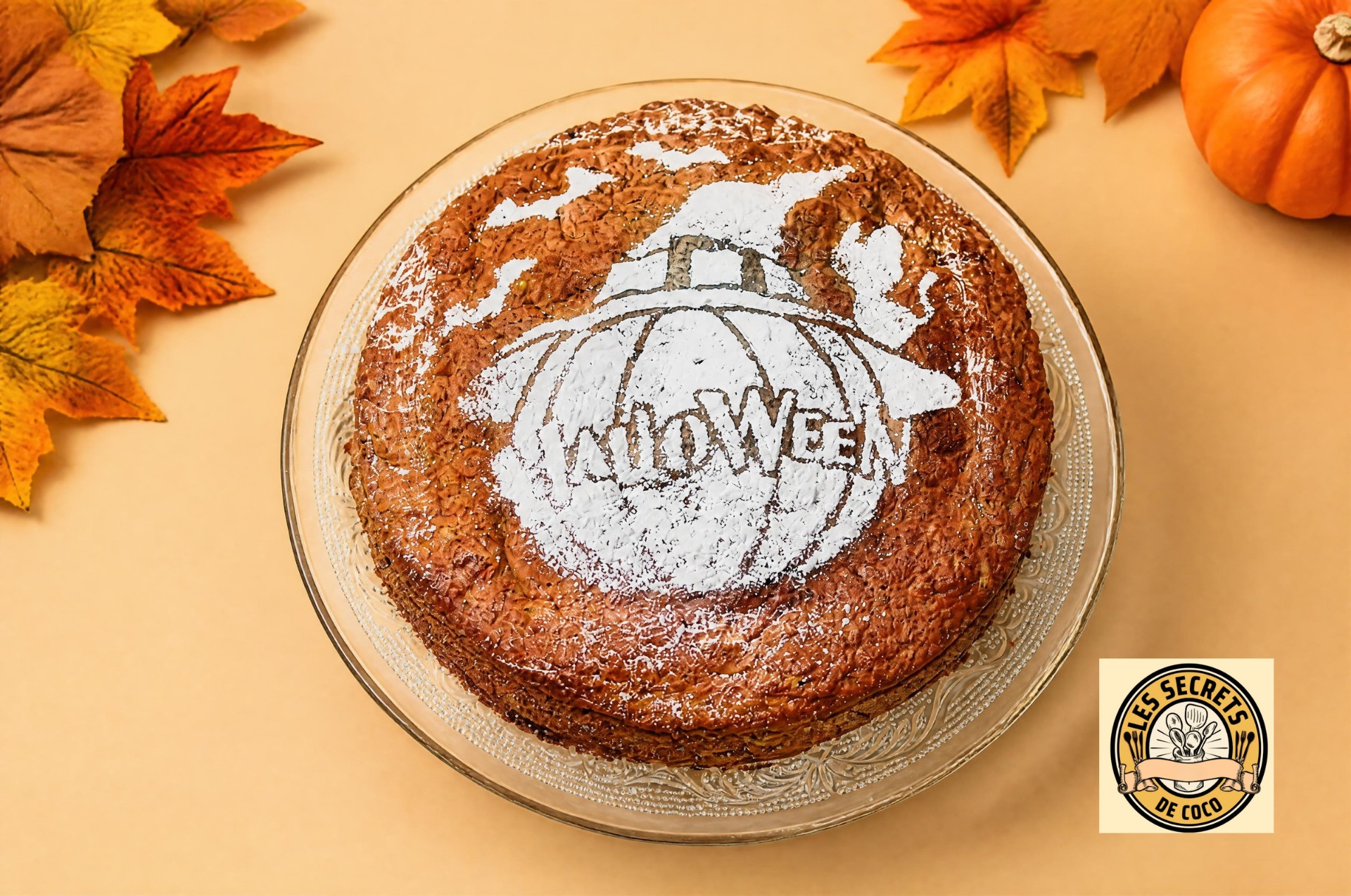 Gâteau au chocolat sur plat transparent, décoré de sucre blanc, entouré de feuilles d’automne et citrouille.