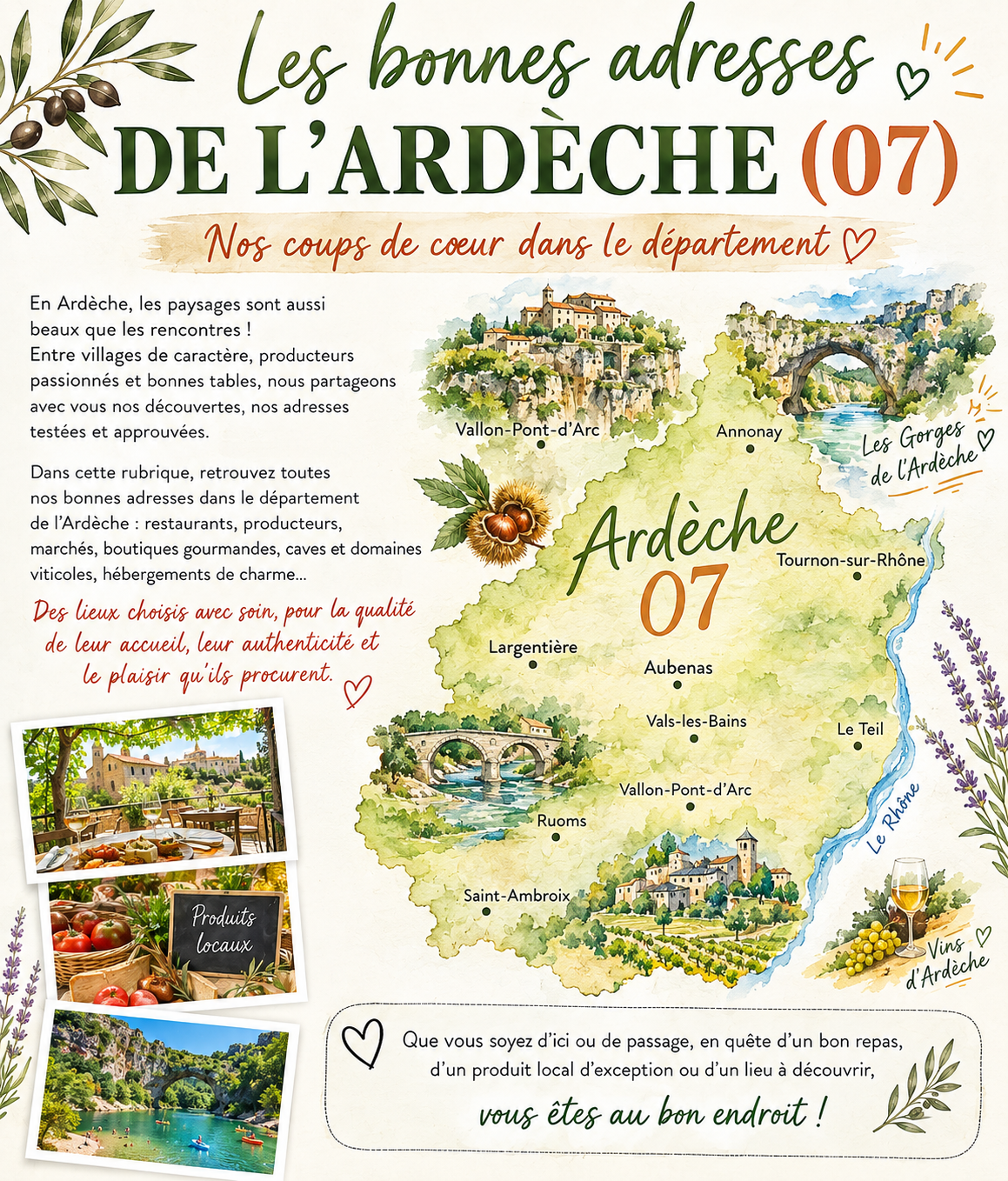 Affiche illustrée pour l’Ardèche 07, carte verte, paysages, vignobles, et photos de produits locaux.